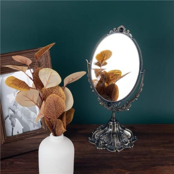 Small Metal Vintage Makeup Mirror Floral Tabletop Oval Vanity Swivel Double Side - Picture 6 of 7